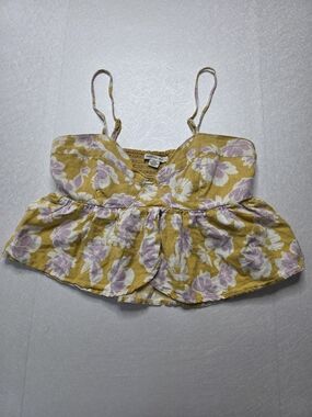 *Y2K* American Eagle Smocked Linen-Blend Peplum Camisole Crop Tank, S